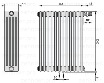 Схема (чертеж) Радиатор Zehnder Charleston 5300/12 №V008 Белый глянцевый RAL 9016